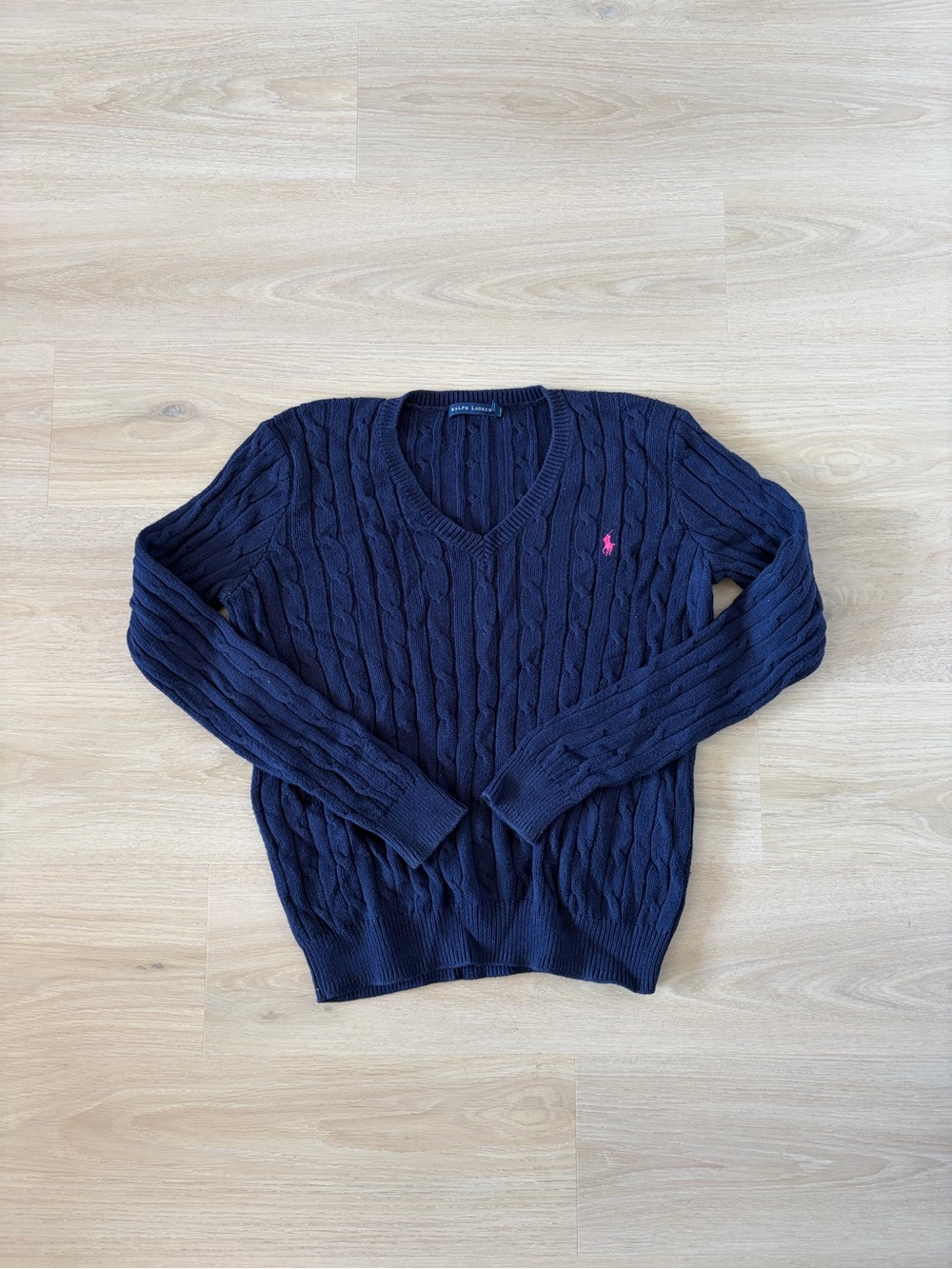 Ralph Lauren Women's Navy Cable-Knit V-Neck Sweater Size XL